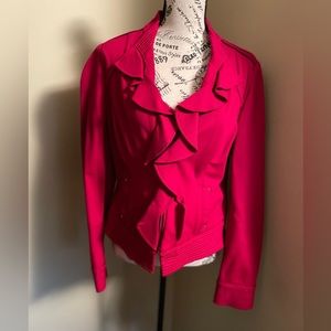 EUC White House Black Market short red jacket. Ruffle front w/ zipper. 2 pockets